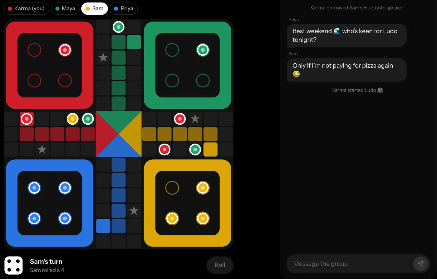 A four-player Ludo game in a SplitHonest room: the board with red, green, yellow and blue tokens, whose turn it is, and the group chat beside it